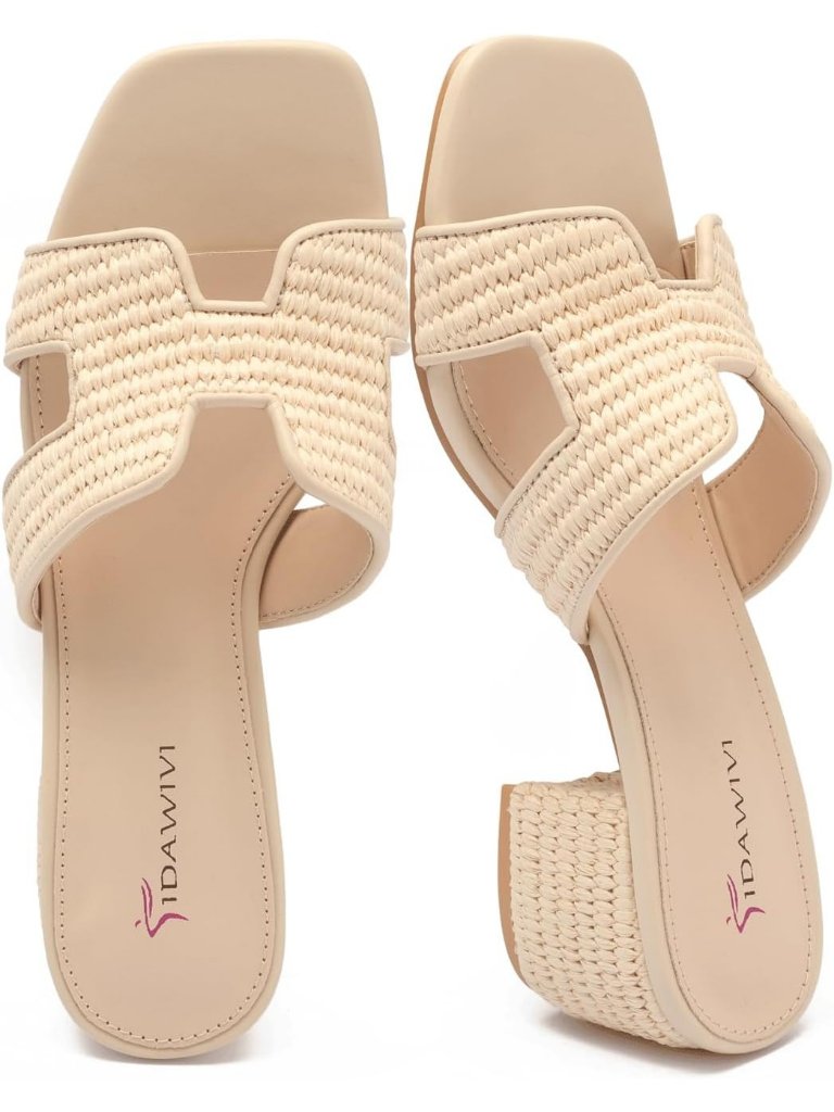 Women's Beige Raffia Square Open Low Block Chunky Heels Slip On Slides Sandals